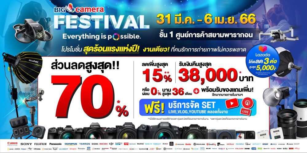 31 มีนาคม - 6 เมษายน 2566 พบกับ งาน BIG CAMERA FESTIVAL 2023   ชั้น 1  ศูนย์การค้าสยามพารากอน  